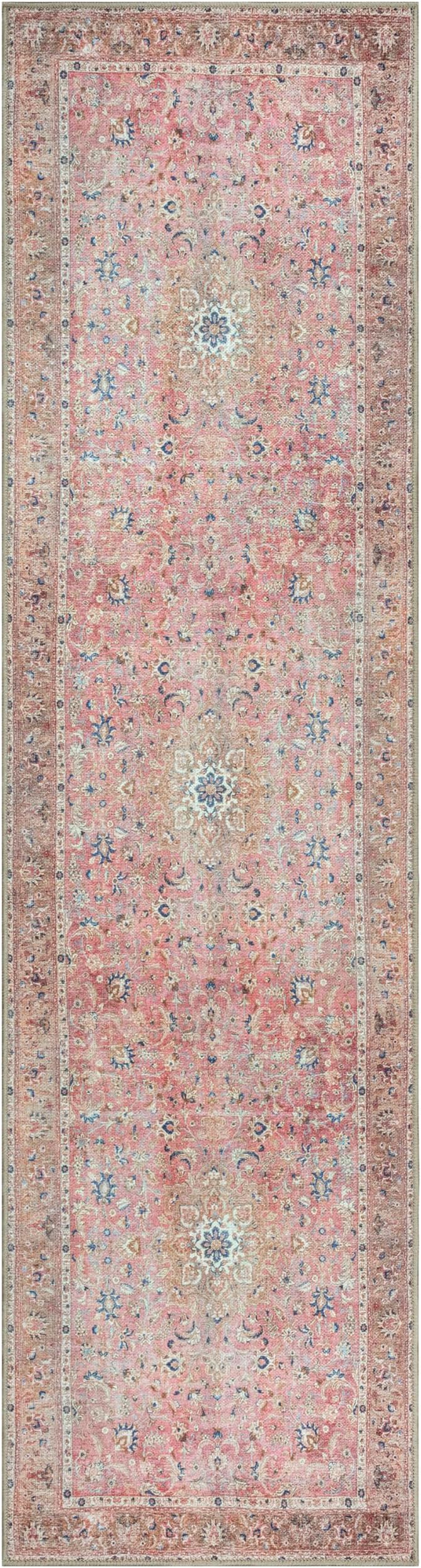 GLN Rugs Traditional Collection - Machine Washable Area Rug, Traditional Washable, Non Slip, Low Pile Chenille Rug, Living Room, Bedroom, Kitchen Rug (2'6" x 10' Pink/Cream)