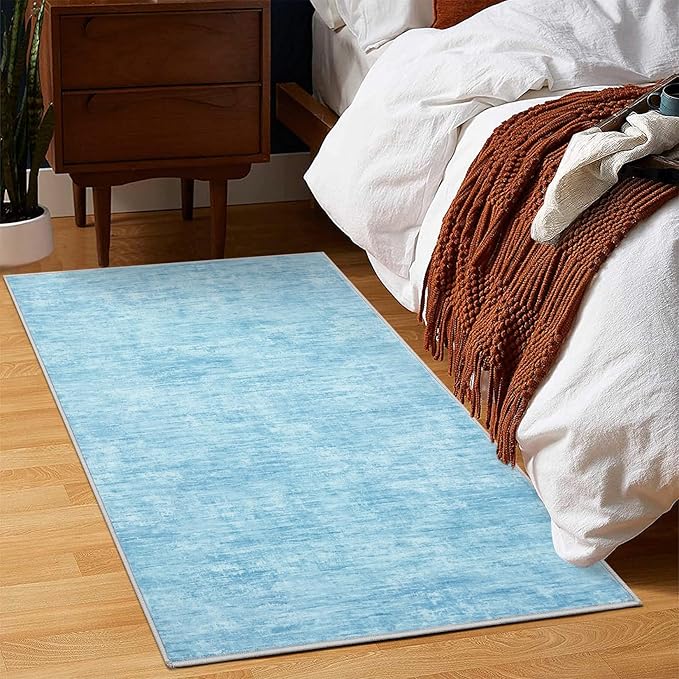 RUGSREAL Small Area Rug 2x3 Entryway Mat with Rubber Backing Stain Resistant Throw Carpet Modern Solid Color Bath Mat Contempowary Washable Rug for Living Room Bedroom Dining Room Kitchen, Blue 2x3