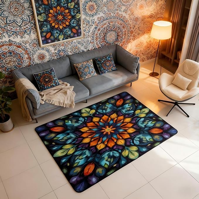 Vintage Mandala 5x7 Area Rug Bohemian Style Watercolor Flower Living Room Rug | Boho Floral Rugs for Bedroom, Antique Decor Victorian Damask Carpet Indoor Floor Mat