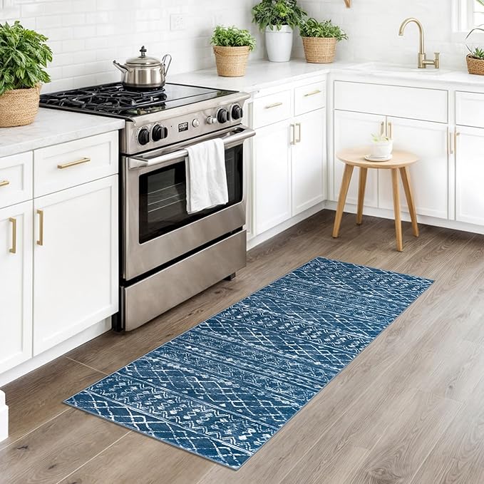 KUTA Boho Entryway Runner 2x5 ft Blue Moroccan Washable Kitchen Rug Non-Slip Vintage Hallway Runners Ultra Soft Distressed Geometric Floor Carpet for Bedroom Laundry Living Room
