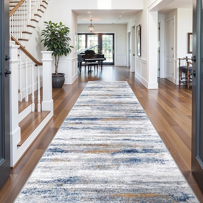 Large Runner Rugs for Hallway 4x16: Non-Slip Washable Wide Carpet - Soft Low-Pile Stain and Spill Resistant Rug for Entryway Living Room Dining Room Balcony Garage Office Navy Grey
