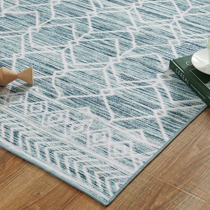 jinchan 3x5 Area Rugs for Entryway - Machine Washable Modern Rug Kitchen Stain Resistant Non-Slip Ultra-Thin Low-Pile Geometric Carpet for Entrance Bedroom Living Room (3x5ft, Teal Blue)