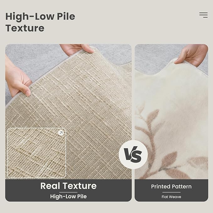 Valenrug Runner Rug Non Slip - 2x10 Runner Rugs for Hallways High-Low Pile Textured Rugs Runners, Folable Washable Runner Rug for Kitchen Bedroom Entryway Laundry Living Room, Beige