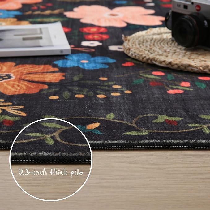 Rugcomf Area Rugs 8x10 Rug for Living Room Clearance Washable Boho Area Rug Non Slip Floral Vintage Low Pile Large Rug for Living Room, Bedroom, Farmhouse, Dining Room, Kids Playroom(Black)