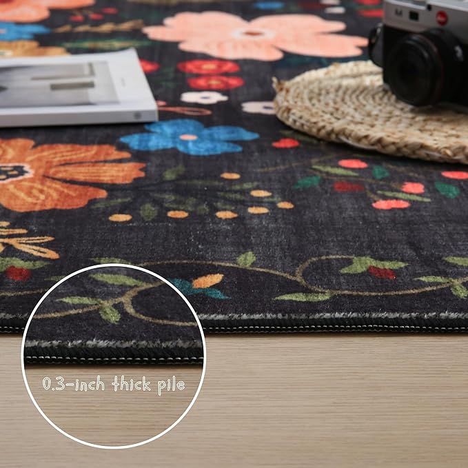 Rugcomf Runners for Hallways Kitchen Rug Non Slip 2'x 10' Long Washable Runner Rugs with Rubber Backing Soft Floral Carpet Runner for Hallways, Kitchen, Laundry, Bedroom, Bathroom(Black)