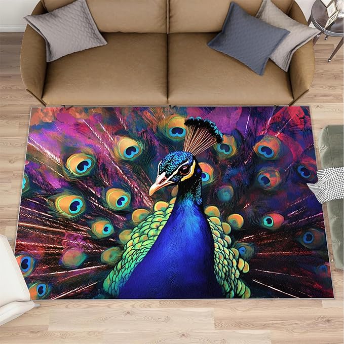 Peacock Rugs for Bedroom - 4x6 Area Rug - Watercolor Peacock Rugs for Living Room, Abstract 3D Animal Rug, Non-Slip Washable Home Decor Carpet