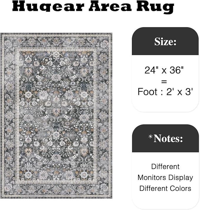 HUGEAR 2x3 Small Rug Machine Washable Area Rug Black Grey Entryway Rugs Entrance Door Mat Indoor Floral Low Pile Carpet Distressed Throw Rugs Kitchen Bedroom Office Non Slip