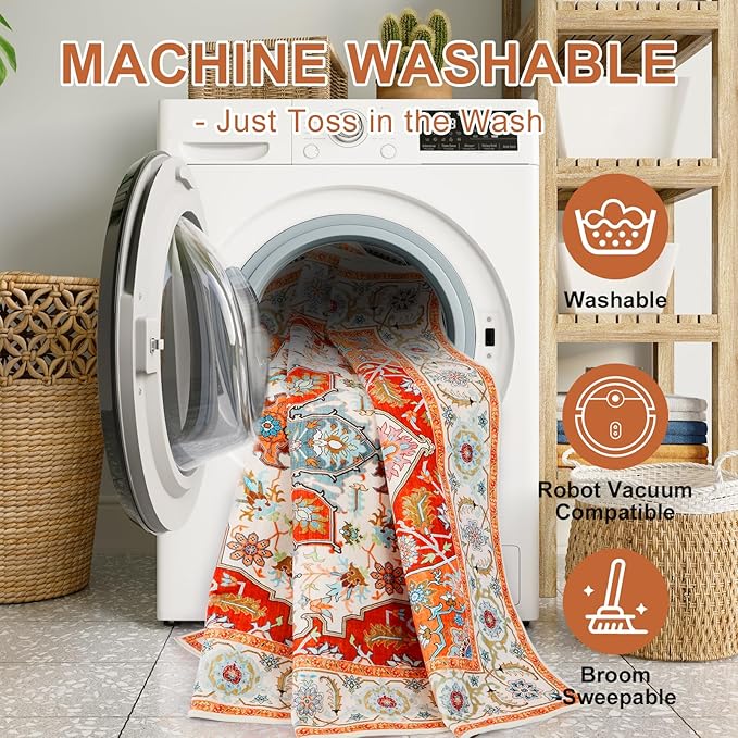 WILLSUN Washable Area Rugs, 9x12 Non-Slip Boho Large Area Rugs for Living Room, Bedroom, Machine Washable Vintage Rug, Indoor Floral Print Carpet for Home Decor, Kid & Pet Friendly Mat