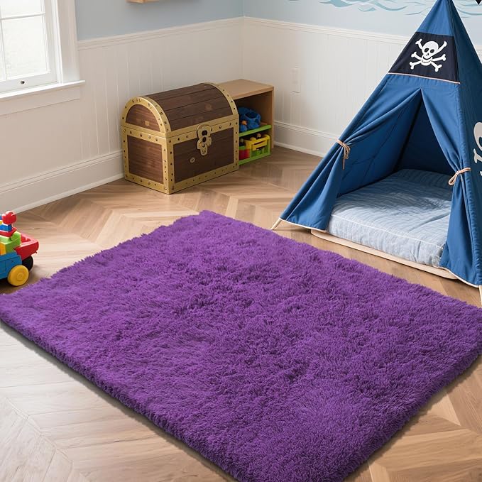 Purple Fluffy Rug Shaggy Area Rug, 4x6 Area Rugs for Girls Bedroom, Soft Cute Baby Play Mat, Indoor Floor Carpet for Teen, Nursery, Preppy Dorm, Plush Aesthetic Bedside Rug