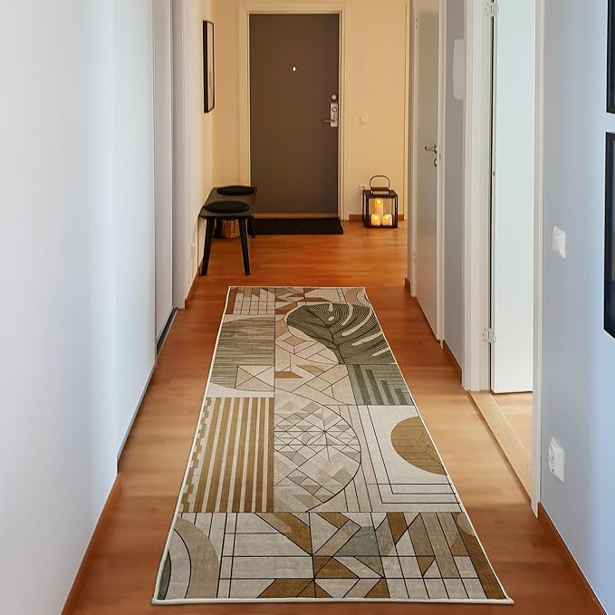 Ambesonne Mid Century Modern Boho Decorative Rug, Monstera Leaf Geometric Grid Ornaments and Circles, Quality Carpet Bedroom Dorm and Living Room, 2' 5" x 7' 5", Tan Ginger and Laurel Green