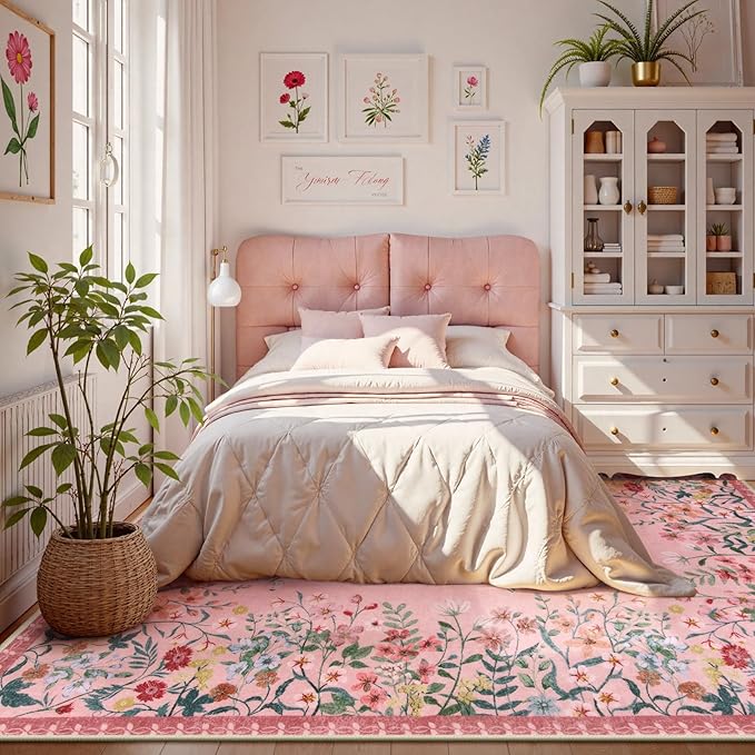 Lahome Boho Floral 5x7 Pink Rugs for Bedroom Girls, Non Slip Washable Nursery Rugs for Living Room, Pastel Indoor Throw Carpet for Dorm Classroom Playroom(Pink,5x7)