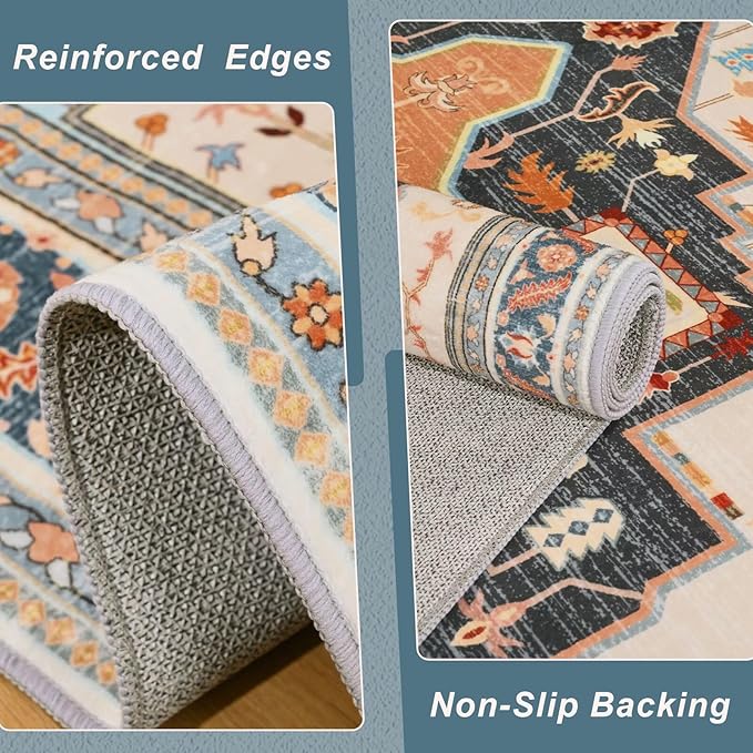 5x7 Orange Beige Area Rug for Living Room, Machine Washable Rugs with Non-Slip Backing for Bedroom, Vintage Medallion Carpet Dining Room Office Kids Room Decor