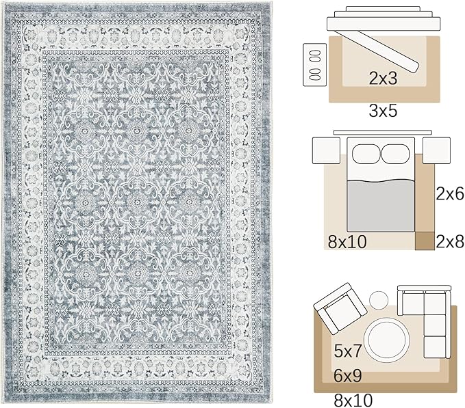 jinchan Floral 8x10 Area Rugs for Living Room - Machine Washable Vintage Distressed Boho Design Throw Rug Stain Resistant Carpet Low-Pile Thin Non-Slip for Bedroom Dining Room Nursery (8‘x10', Grey)