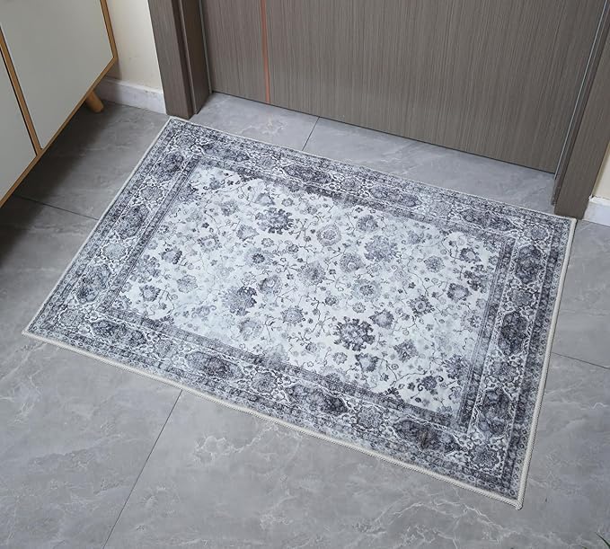 Rugcomf Door Mat Indoor Entrance 2x3 Rug Machine Washable Small Area Rug Non-Slip Low Pile Throw Rugs for Entryway, Kitchen, Front Door Indoor Entrance, Entry, Kids Room (Grey and White)