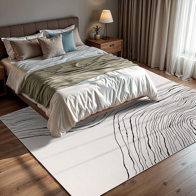 GLN Rugs Contemporary Collection - Machine Washable Area Rug, Contemporary Washable, Non Slip, Low Pile Chenille Rug, Living Room, Bedroom, Kitchen Rug (5' x 7' Beige Black)