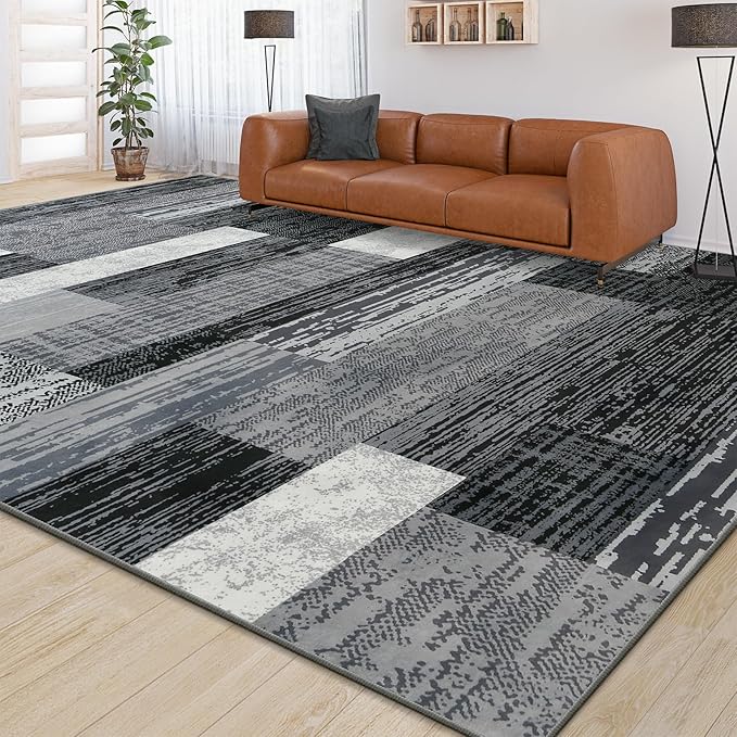 Large Area Rugs,Modern Geometric Patchwork Floor Decor for Bedroom Aesthetic Carpet, Rockwood Collection, Indoor Rugs for Living Room, Dining Room, Nursery, Office, Machine Washable Rug,9x12 Ft Grey