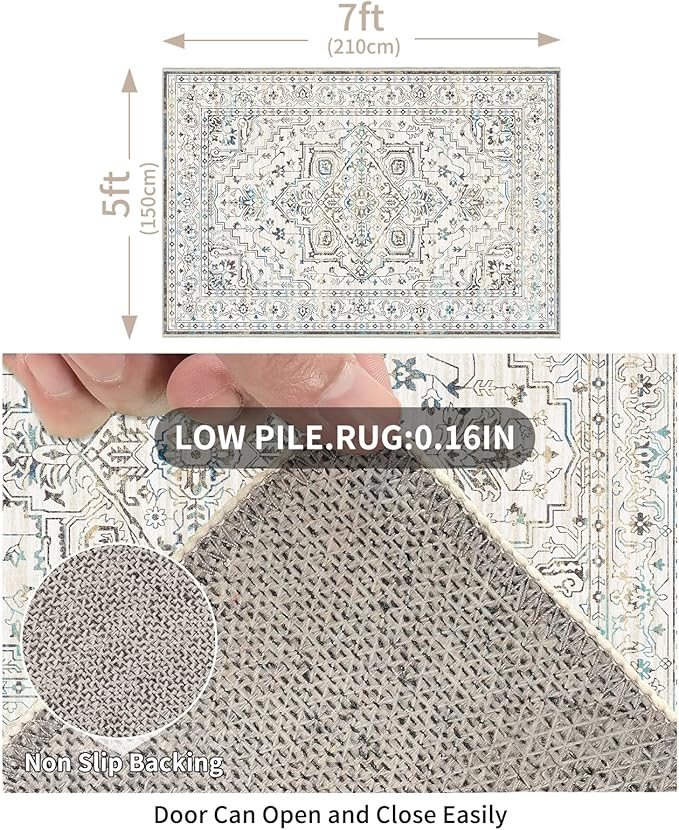 Enkor Area Soft Rugs 5x7 Washable Non Slip Boho Floor Rugs for Living Room Bedroom, Vintage Style Farmhouse Mat for Kitchen Entryway White & Grey
