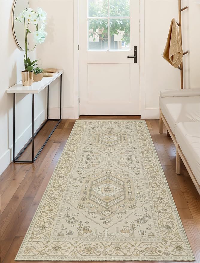 SERISSA Boho Washable Runner Rug, 2x6 Non-Slip Kitchen Runner Rug Vintage Beige Hallway Rug Ultra Soft Print Distressed Oriental Floor Carpet Runner for Bedroom Bathroom Laundry Living Room