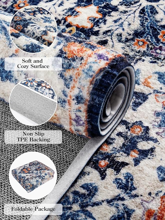 Lahome Bohemian Floral Medallion Area Rug - 2x3 Blue Small Kitchen Rug Machine Washable Front Door Rug, Soft Non Slip Indoor Floor Throw Carept for Bedroom Bathroom Mud Room Entry Way