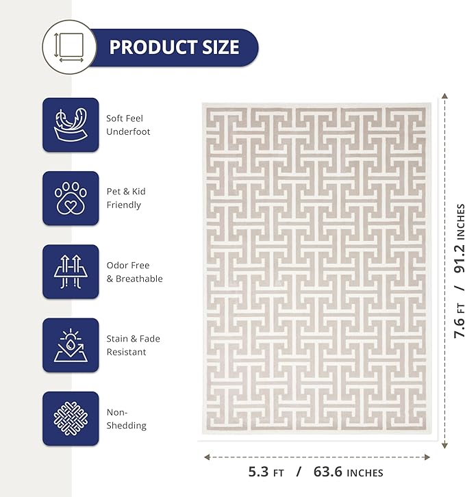 Abani Contemporary 3D Beige & White Modern Greek Key Pattern Area Rug - Geometric Meander 5'3" x 7'6" Arto Collection Neutral Rug Rugs