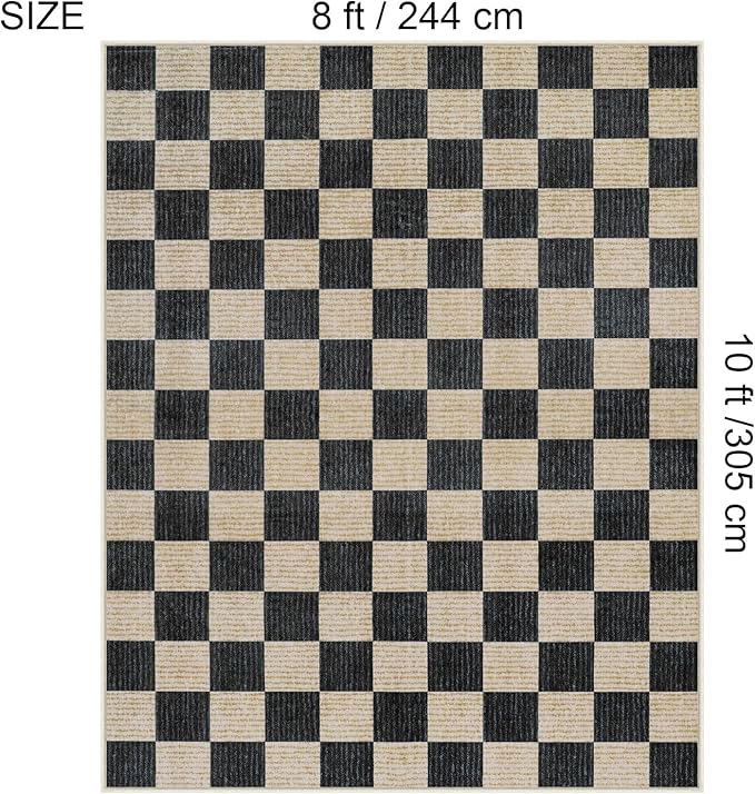 LIVEBOX 8x10 Area Rugs for Living Room, Checkered Non-Slip Washable Rugs, Farmhouse Neutral Classic Geometric Pattern Large Boys Area Rug for Bedroom, Carpet for Dining Room Office (Black,8'x10')
