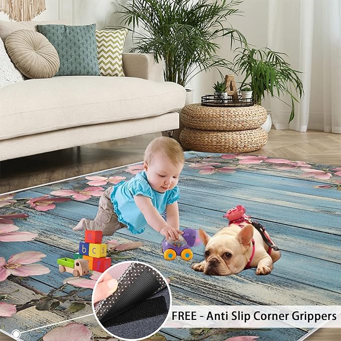 6x8 Vines Classroom Rugs - Vintage Wood Panels Playroom Rug, Rural Flowers Carpet Area Rug for Girls Bedroom Kids Room Basement Office Classroom