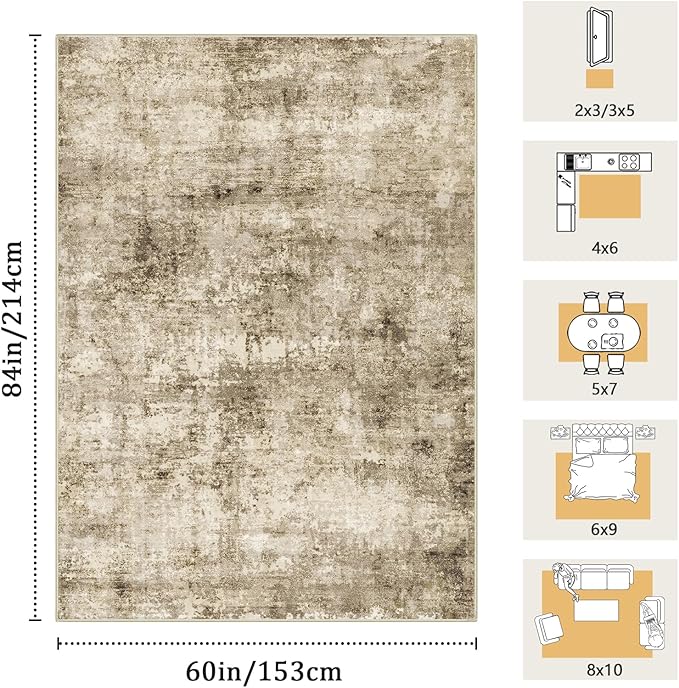 5x7 Machine Washable Area Rug for Living Room, Brown Modern Vintage Abstract Rug Large Non-Slip Low Pile Soft Faux Wool Carpet, Kids and Pets Friendly for Bedroom Dining Room Farmhouse Home Decor Rug