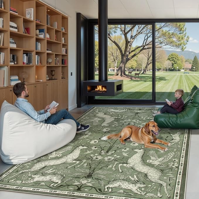 Lahome Boho Animal Washable Rugs for Living Room 8x10, Green Soft Rugs for Bedroom, Botanical Large Boho Non Slip Dining Room Carpet for Under Table Office Kids Playroom (8x10ft,Green)