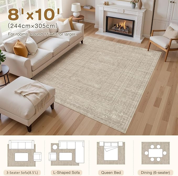 8x10 Area Rugs Living Room: Washable Large Vintage Rug Neutral Non-Slip Soft Stain Resistant Indoor Carpet for Bedroom Nursery Dining Room Under Table Bed Home House Office Playroom - Brown