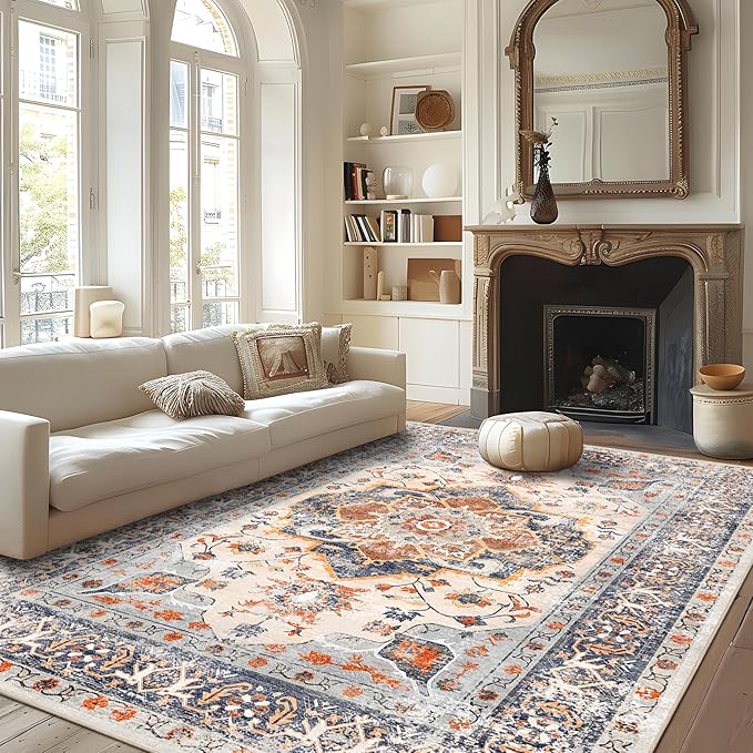 VK VK·LIVING Machine Washable Rug 6'x9' Vintage Design Washable Area Rugs with Non Slip Rugs for Living Room Bedroom Traditional Woven Carpet Stain Resistant, Dining Office Boho Rug, (Bright)