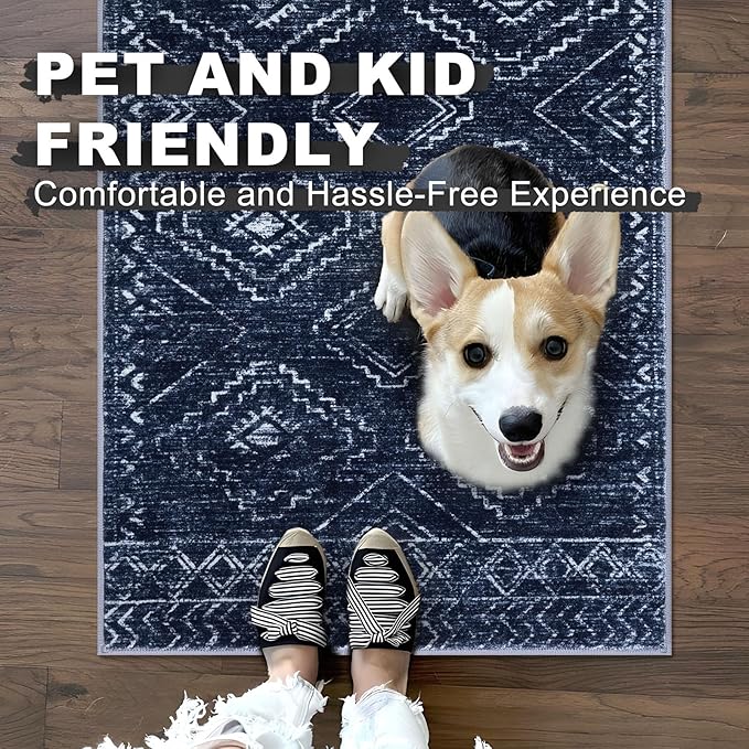 KILOCOCO Boho Kitchen Runner Rug 2x6 Washable Runner Rug, Soft Runners for Hallways Non Slip Printed Distressed Laundry Room Rugs, Low-Pile Rugs for Entryway/Bedroom/Living Room, Dark Blue