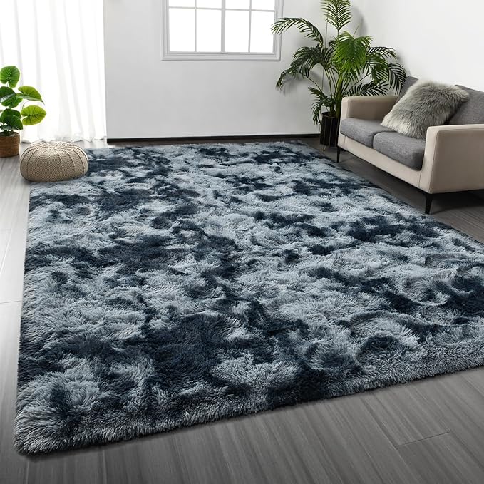 Large Shag Area Rugs 9 x 12, Tie-Dyed Plush Fuzzy Rugs for Living Room, Ultra Soft Fluffy Furry Rug for Bedroom, Indoor Carpet Nursery Rugs for Kids Room Home Decor, Blue and Grey