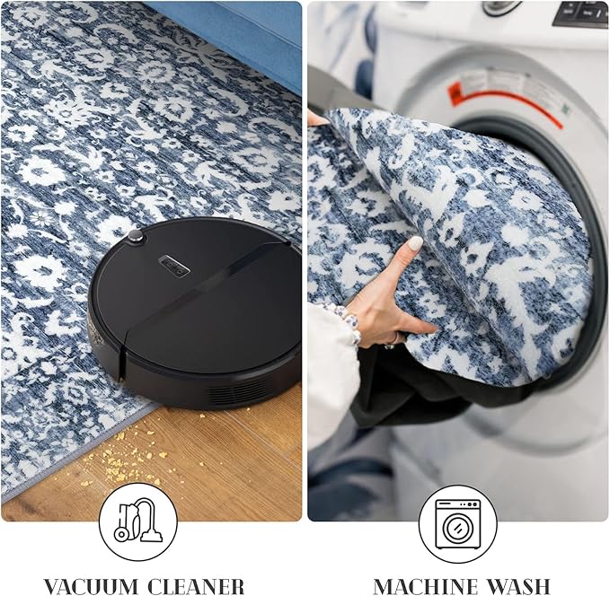 Vintage Runner Rug 3x8, Light Blue White Washable Kitchen Runner Non-Slip Soft Hallway Rug Runner Thin Print Faux Wool Carpet for Entryway Bedroom Laundry Room Indoor Home Office Decor