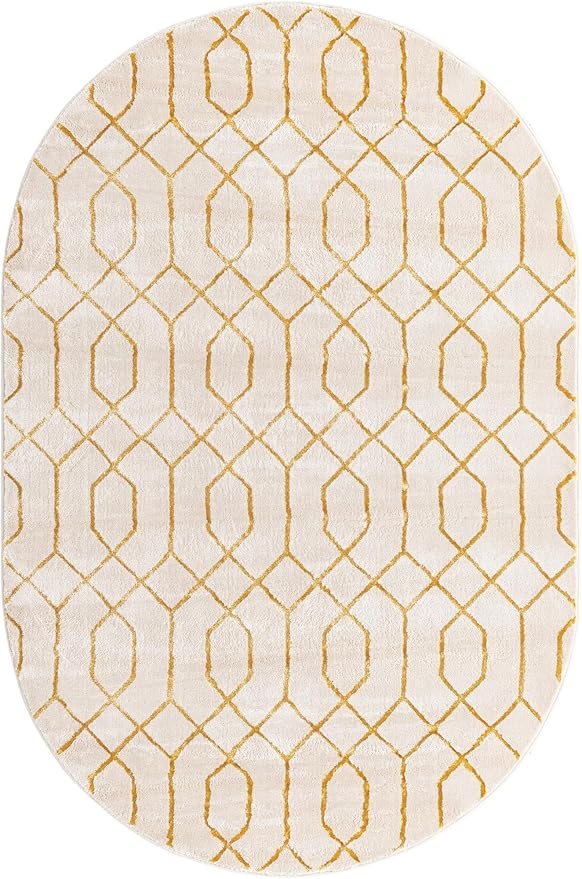 Unique Loom Glam Collection Area Rug - Trellis (5' 3" x 8' Oval, White Gold/ Gold)