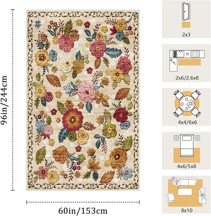 5x8 Machine Washable Area Rug for Living Room, Beige Vintage Boho Floral Rug Large Non-Slip Low Pile Soft Faux Wool Carpet, Kids and Pets Friendly for Bedroom Dining Room Farmhouse Home Decor Rug