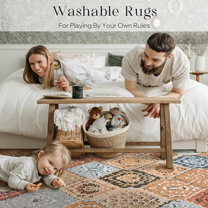 Phantoscope Washable Round Area Rug 6ft Non-Slip, Vintage Boho Rugs for Living Room, Bedroom, Dining Room, Distressed Moroccan Mosaic Diamond Pattern, Low-Pile Foldable Floor Carpet, Terracotta/Rust