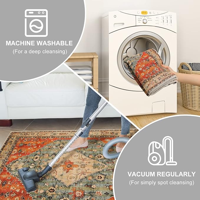 COMSLE Boho Area Rug, 3' x 5' Machine Washable Rugs for Entryway Faux Wool Large Rugs Distressed Throw Rug Non-Slip Floor Carpet for Indoor Bedroom Kitchen Living Room