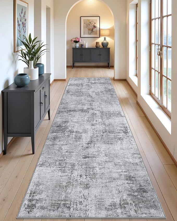DEXI Hallway Runner Rug 3x8, Modern Abstract Non Slip Thin Soft Runners Carpet, Stain Resistant Washable Indoor Rug for Hallway Entryway Kitchen Laundry Room Living Room, Light Grey