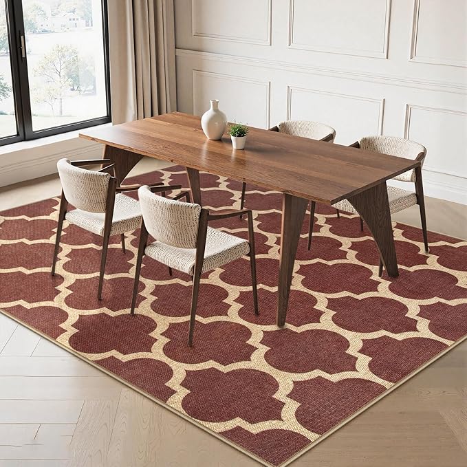 Lahome Moroccan Outdoor Rug 5x7, Easy Jute Red Washable Rugs for Patio Living Room Outdoor Decor, Geometric Woven Area Rug Non Slip for Backyard, Thin Farmhouse Carpet for Bedroom Dining Room