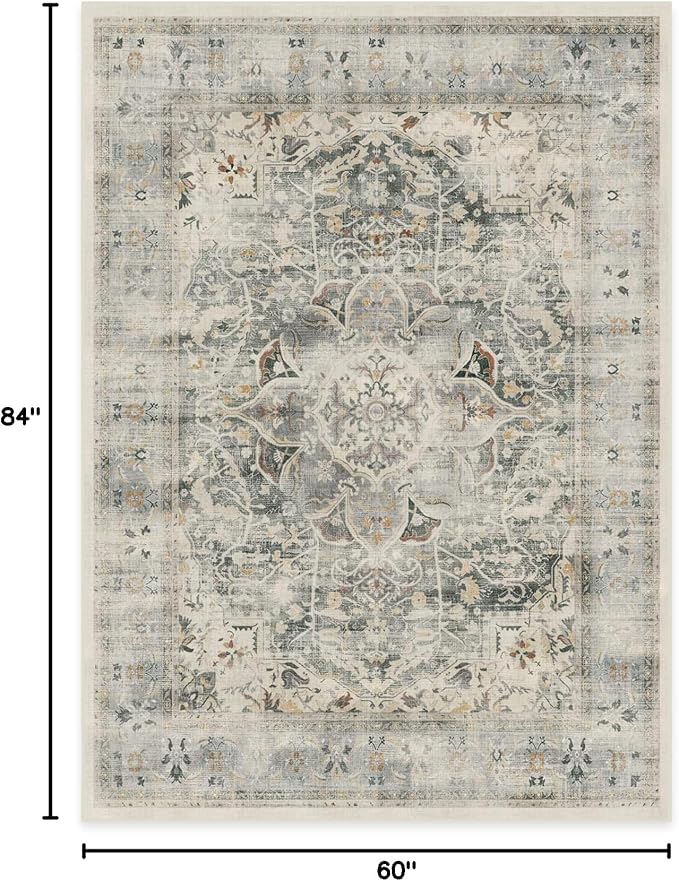 RUGGABLE Washable Vintage Area Rug – Sarrah Sage 5x7, Stain-Resistant, Non-Slip – Medium Machine Washable Rugs for Living Room, Bedroom, Hallway, Entryway & Office–with Standard Pad