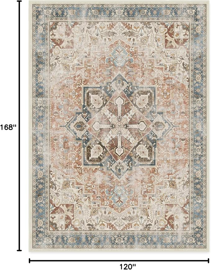 RUGGABLE Washable Vintage Area Rug – Kamran Coral 10x14, Stain-Resistant, Non-Slip – Large Machine Washable Rugs for Living Room, Bedroom, Hallway, Entryway & Office–with Standard Pad