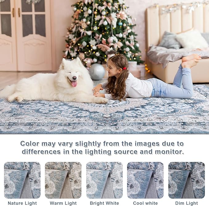 4x6 Area Rug for Bedroom, Machine Washable Rugs with Non-Slip Backing for Living Room, Soft Vintage Carpet Kitchen Laundry Kids Room Decor, Blue & Beige