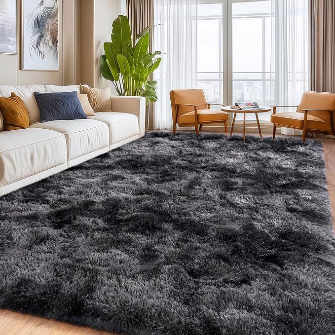 Shaggy Area Rugs, Fuzzy Rugs for Living Room, Soft Nursery Area Rug for Girls, Tie Dye Black Gray Plush Area Rugs Non Slip, Fluffy Rug Carpet 8x10ft