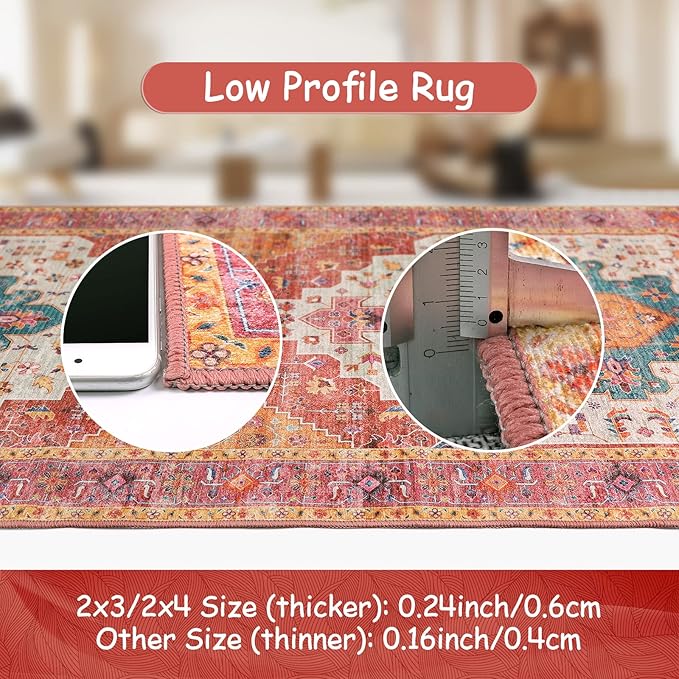 Moynesa Ultra-Thin Washable Vintage Area Rug - 5x7 Large Bedroom Boho Non-Slip Non-Shedding Living Room Mat Oriental Medallion Floor Carpet for Kids Nursery Room Office, Pink/Teal/Multi