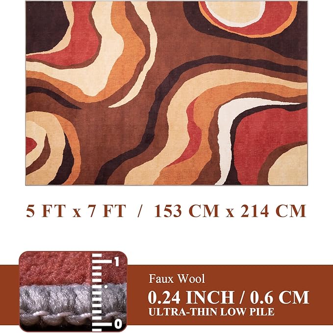 YIHOUSE Burnt Orange Rug 5x7 Washable,Farmhouse Brown Retro Carpets,Geometric Abstract Wavy Rug for Bedroom,Unique Colorful Rugs for Living Room,Dining Room,Alfombras para Salas