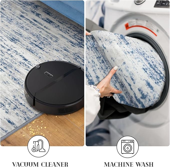 Modern Abstract Hallway Runner Rug, Blue White Washable Kitchen Runner Non-Slip Soft 2x8 Runner Rug Thin Print Faux Wool Carpet for Entryway Bedroom Laundry Room Indoor Home Decor