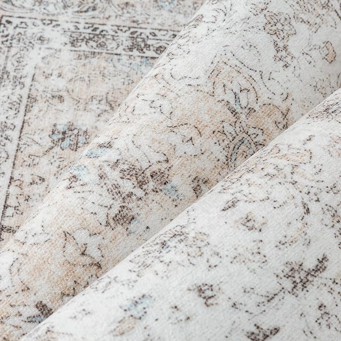 2x10 Washable Vintage Runner Rug for Living Room Bedroom Beige Grey Soft Tranditional Non Slip Runner Rug Lightweight Floral Low Pile Distressed Carpet Hallway Kitchen Bathroom Bedroom