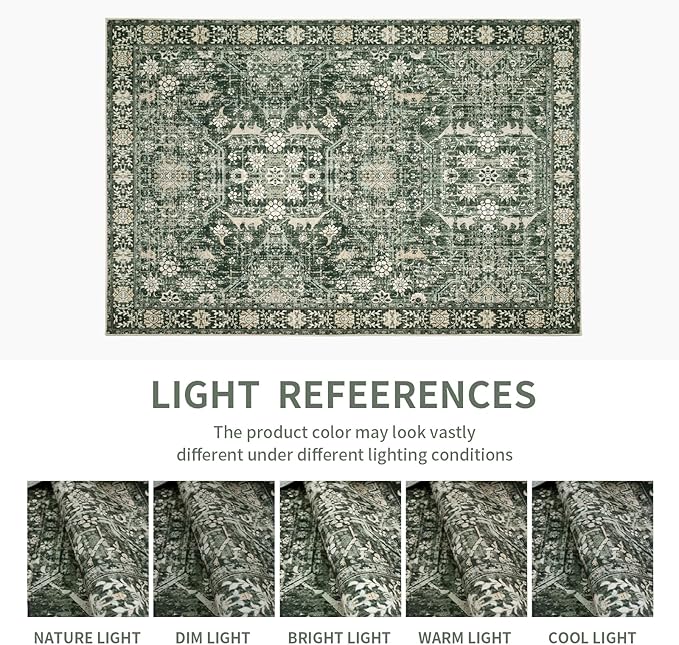 Area Rug 5×7 Washable Rugs for Bedroom, Vintage Floral Rug Soft Non Slip Stain Resistant Carpet for Living Room Dinning Room Kitchen Home Office Green Black