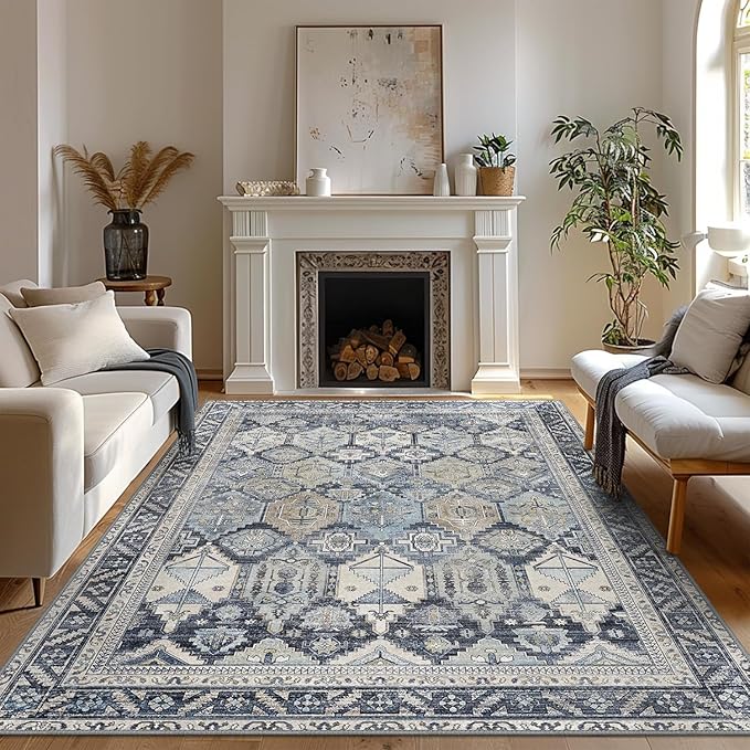 Bavni Washable Rug 6x9 Area Rug for Living Room Bedroom Dining, Washable Vintage Print Carpet, Ultra-Thin Chenille Low Pile Lightweight Rug with Non Slip Backing, Blue