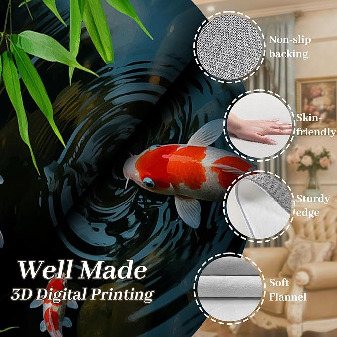Pond Koi Fish Living Room Rug, 5x7ft, Summer Greenery Moss Stream Indoor Decor Carpet, with Non-Slip Backing Absorbent Thin Mat, Soft Easy Clean Washable Rugs for Office Entryway